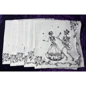 Cynthia Rowley Cloth Napkins Dancing Skeleton Couple Table Goth Black White Punk